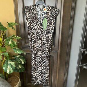 Farm Rio Leopard Print Empire Waist Deep V-Neck Long Sleeves Midi Dress
